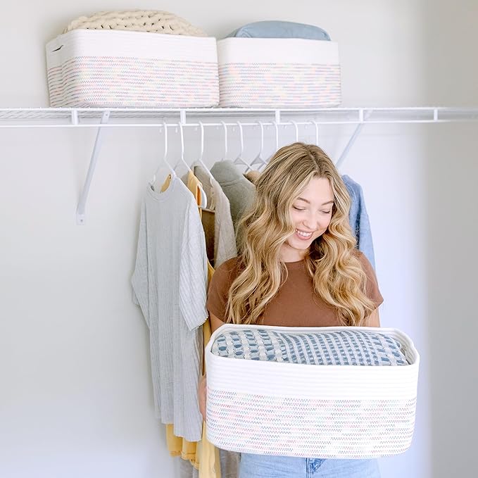 NaturalCozy Storage Baskets 16.8?쓝13?쓝7.6??Cotton Rope Woven Baskets for Organizing 3-Pack | Toy Storage Bins | Basket for Shelves, Laundry, Blanket, Clothes, Closet, Kitchen, Bathroom, Gifts