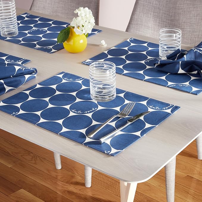 Kate Spade New York Joy Dot Placemats 4-Pack Set, Reversible, 100% Cotton, Machine Washable, Navy Blue/Cream, 13"x19"