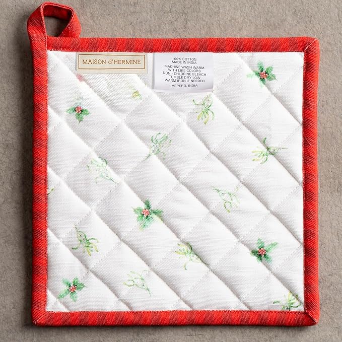 Maison d' Hermine Pot Holders 100% Cotton Heat Resistant Potholders 8" x 8" Hot Pads with Loop for Thanksgiving Christmas Decorations BBQ Cooking Handling Hot Pans (Pack of 1, Christmas Tradition)
