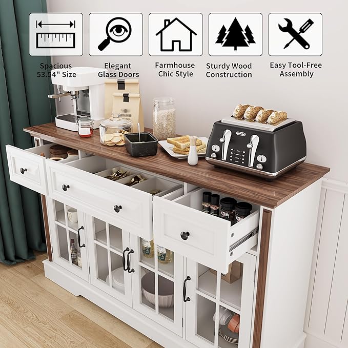 Sideboard Buffet Cabinet with Storage, 4 Glass Doors & 3 Drawers, 53.5" Farmhouse Modern Credenza Console Table with Adjustable Shelves, Coffee Bar Cabinet for Kitchen Dining Living Room, White