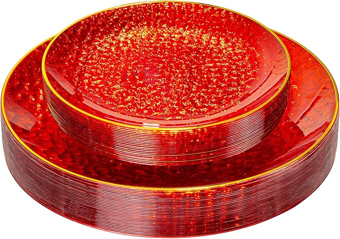 SUT 36Pcs Red Plastic Plates, Hammered Plates Disposable Heavy Duty, Red Disposable Plates With Gold Rim, Fancy Plastic plates Include 18 Dinner plate and 18 Dessert plate for Wedding