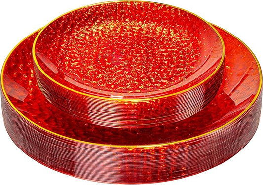 SUT 36Pcs Red Plastic Plates, Hammered Plates Disposable Heavy Duty, Red Disposable Plates With Gold Rim, Fancy Plastic plates Include 18 Dinner plate and 18 Dessert plate for Wedding