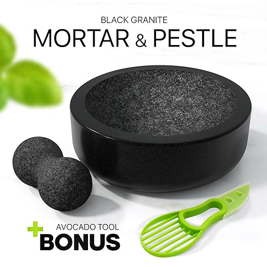 Umien Granite Mortar and Pestle Set - 8-Inch Natural Stone Molcajete with Avocado Tool - 3.5 Cup Capacity for Spices, Herbs, Pestos & Guacamole - Premium Kitchen Christmas Gift (Black)
