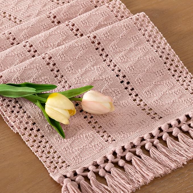 Socomi Boho Table Runner Valentine's Day Farmhouse Rustic Dining Kitchen Centerpiece Decor Small Macrame Woven Cotton Linen Coffee Table Runner for Dresser Scarf Home Decor 12x60 in Pink