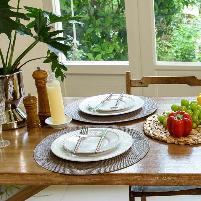 FunWheat Round Braided Placemats Set of 6 Table Mats for Dining Tables Woven Washable Non-Slip Place mats 15 inch(Taupe, 6pcs)