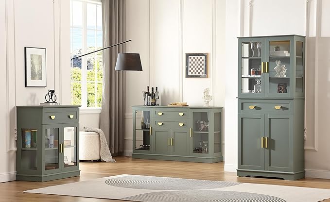 31.5'' Small Buffet Cabinet with Glass Doors,Small Coffee Bar Cabinet with Storage,Modern Sideboard Buffet with Adjustable Shelf and a Drawer,for Kitchen and Living Room,Green