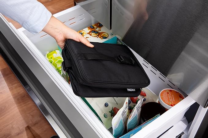 PackIt짰 Freezable Essential Cooler, Black, Built with EcoFreeze짰 Technology, Fully Freezable, Collapsible, Reusable, With Removable Crossbody Strap, Top Clip Handle, Designed for Fresh Office