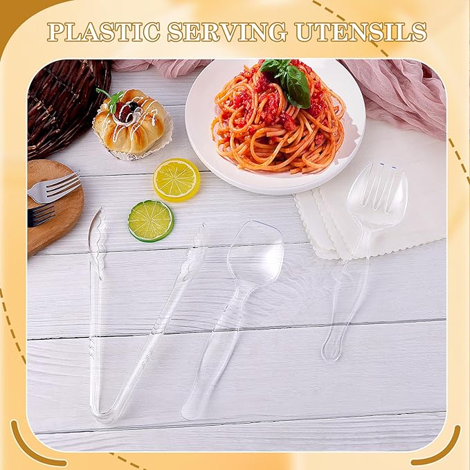 Mwellewm 72Pcs Serving Utensils 9'' Large Plastic Serving Utensils Set Serving Spoons for Buffet Clear Disposable Plastic Tongs Heavy Duty Slotted Spoons/Forks Supplies for Party Food Salad Soup