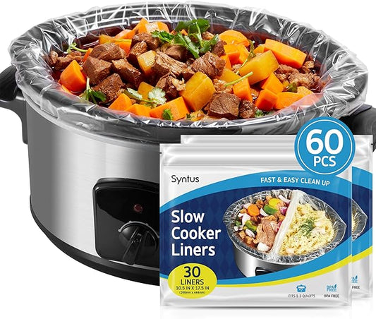 Syntus Crock Pot Liners, 60 Count 10.5" x 17.5" Small Size Slow Cooker Liners Fits 1-3 Quart Pots, Disposable Cooking Bags Suitable for Oval & Round & Retangular Crock Pot
