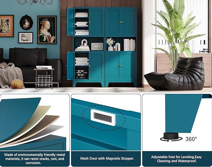 69"H Metal Pantry Cabinet with Microwave Stand,Tall Kitchen Storage Cabinets,Blue Food Pantry Cabinet with 4 Doors and Shelves, Large Hutch Cabinets for Kitchen, Dining Room, Living Room and Bathroom