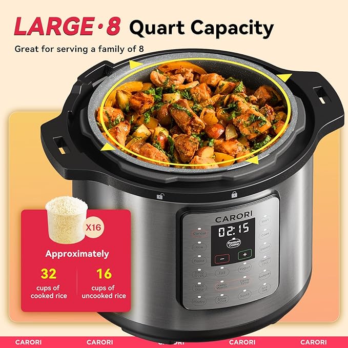 1200W 12-in-1 Electric Pressure Cooker 8Qt, Stainless Steel Pressure Cooker, Slow Cook Rice Cooker Steamer Saut챕, Yogurt Maker, Warmer & Sterilizer with Recipe, Safer Venting Design, Sliver