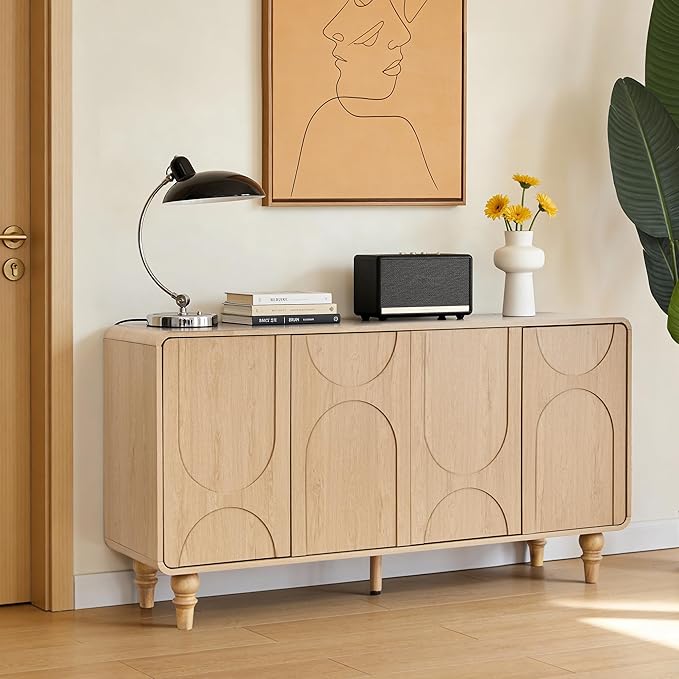 Mid Century Modern Sideboard Buffet Cabinet with Storage, Kitchen Sideboard Credenza Storage Cabinet with Doors and Shelves for Home Coffee Bar, Dining Room, Office, Entryway - Natural