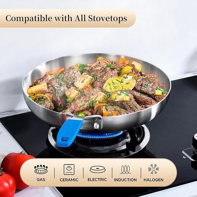 Inqibee 8.5-12 Inch Tri-Ply Stainless Steel Frying Pan set with a Lid,Skillets,Induction Cooking Pans Set,Dishwasher and Oven Safe,Detachable Handle