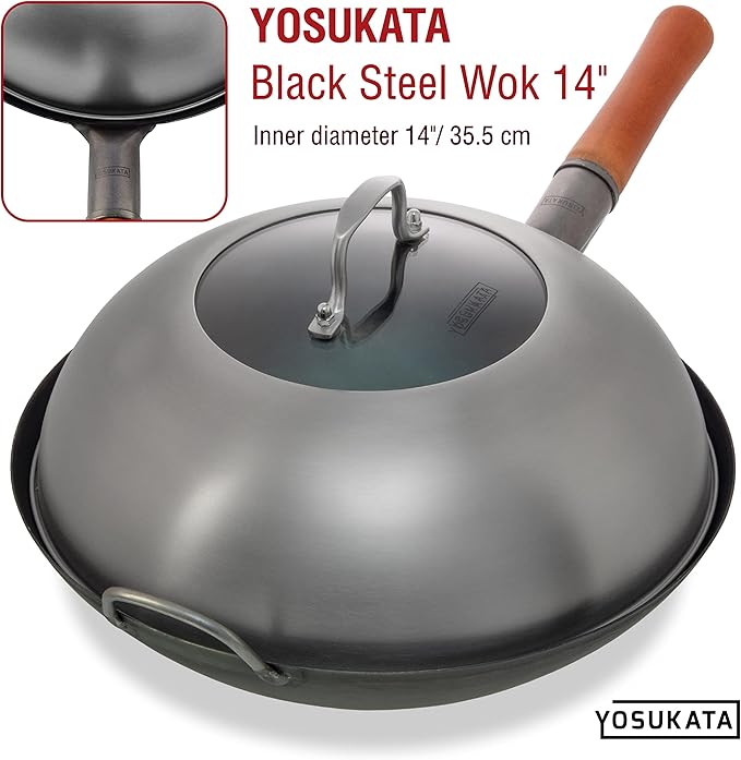 YOSUKATA Carbon Steel Wok Pan - 14 ??Woks and Stir Fry Pans PLUS 17" Wok Spatula and Ladle Skimmer Spoon PLUS Wok Lid 13.6 Inch