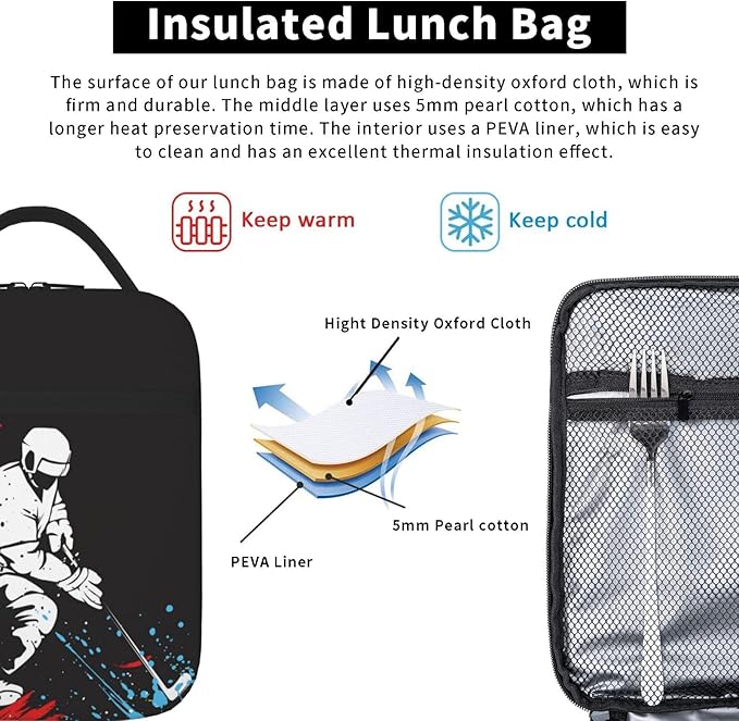 YIJIUWKIS Sports Lunch Bag for Boys Hockey Insulated Lunch Box with a Ice Hockey Player Pattern Print, Black Cooler Thermal Lunch Bag Tote Handbag with Water Bottle Holder for Kids Teens Adults