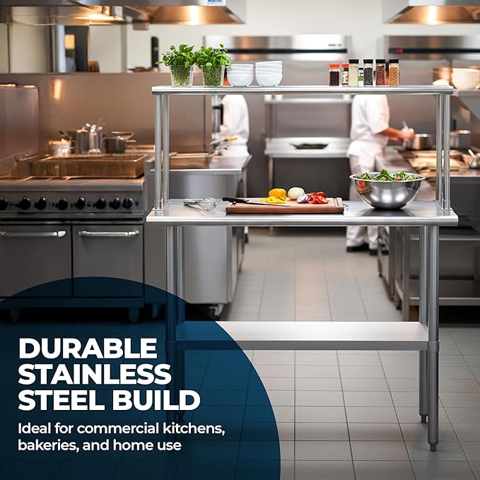 Stainless Steel Work Table with Wide Single Tier Overshelf | Metal Kitchen Prep Table & Shelving Combo (18" x 60" Work Table + 12" Overshelf)