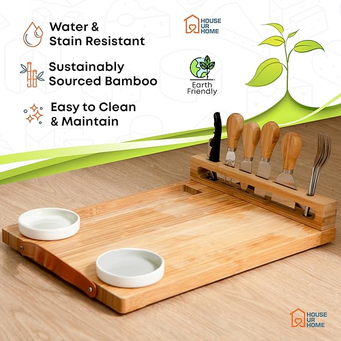 Bamboo Charcuterie Board Gift Set with Leather Handles, Knives, Wine Opener & Bowls ??Elegant for Hosts, Couples & New Homeowners