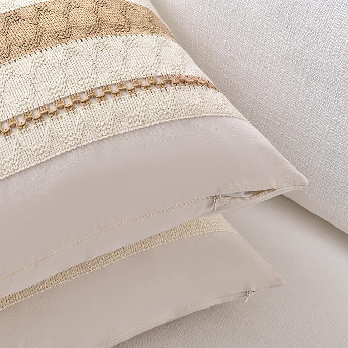 Fancy Homi Set of 2 Neutral Tan Lumbar Decorative Throw Pillow Cover 12x20 Inch for Couch Bed Sofa Chair, Modern Organic Farmhouse Boho Home Decor, Soft Cotton Cute Accent Taupe Rectangle Cushion Case