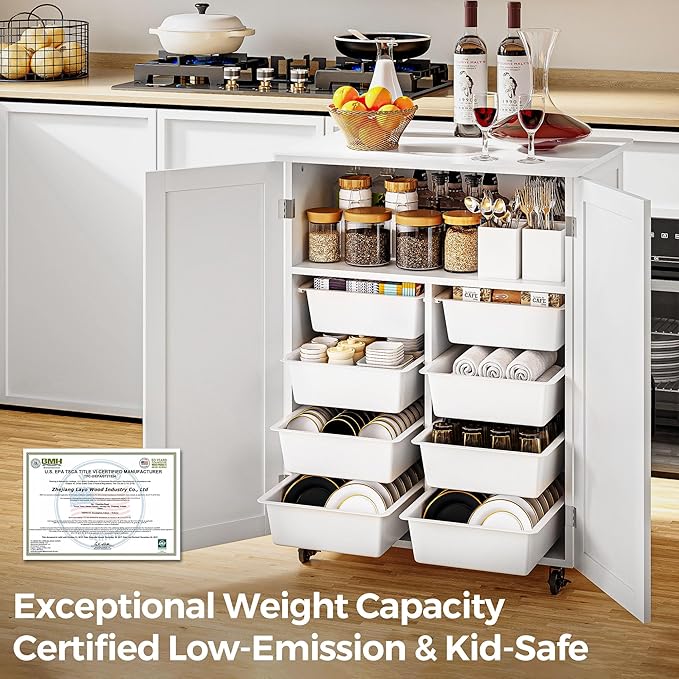 Kitchen Island Cart with Storage, Rolling Cabinet on Wheels, Compact Utility Side Table with 9.3" Top Shelf & 8 Removable Bins, Perfect for Small Kitchens, Apartments & RVs