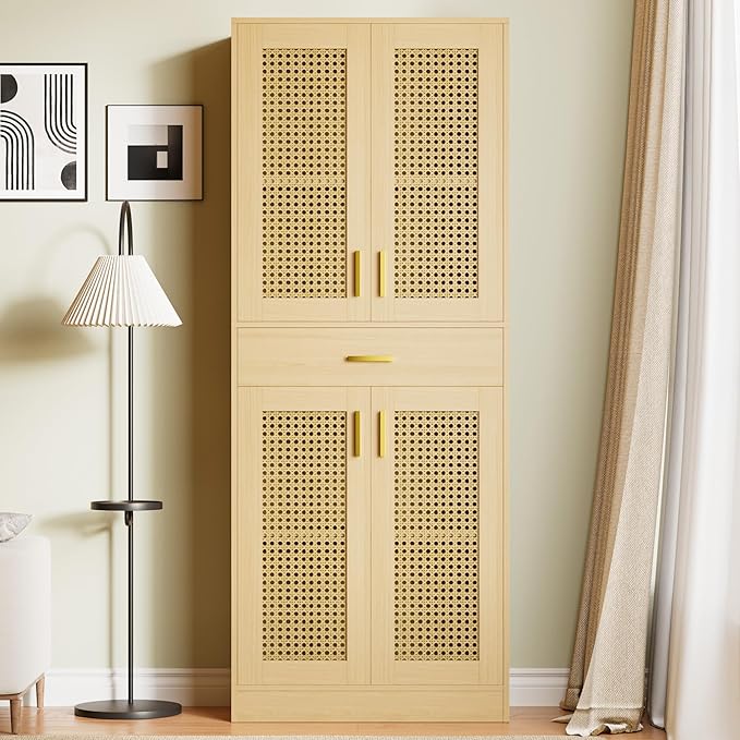 Cozy Castle Kitchen Pantry Cabinet, 71" Tall Rattan Doors Storage Cabinet with Large Drawer and Adjustable Shelves, Freestanding Rattan Pantry Cabinets for Kitchen, Dining Room, Living Room, Oak