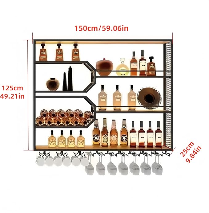 4-Tier Wine Rack Wall-Mounted & 59Inch Large Bar Shelf for Liquor Bottles, Black Metal Storage for Wine and Liquor Bottles in Home Bars or Dining Rooms (No Lighting, Right)