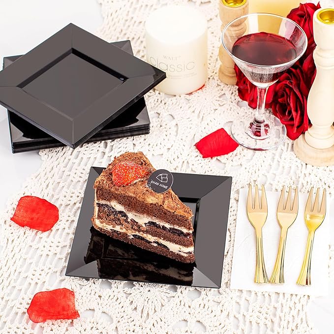 supernal 200pcs Black New Years Dessert Plates with 100pcs Gold Dessert Forks,100pcsElegant Appetizer Salad Plastic Plates,Black Square Cake Plates for Party,Birthday, Wedding,Afternoon Tea