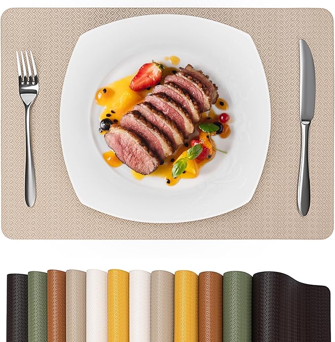 PROMATTOO Faux Leather Placemats Set of 4 – 17x12 Inch Vinyl Table Mats, Heat Resistant, Non Slip, Wipeable & Washable, Easy to Clean Dining Table Decor for Kitchen & Dining Room（Light Taupe）