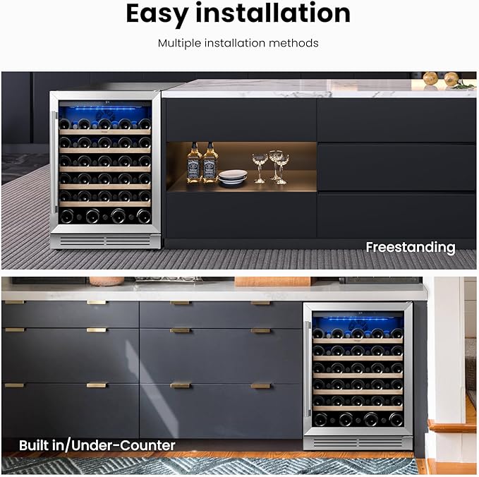 Yeego Wine Fridge Cooler - 24 Inch Wine Fridge Hold 52 Bottles, 40-65°F Wine Refrigerator Glass Door, Built in, Freestanding Under Counter Fridge for Beer Soda Drink Home Bar Office(5.12 Cu.ft)