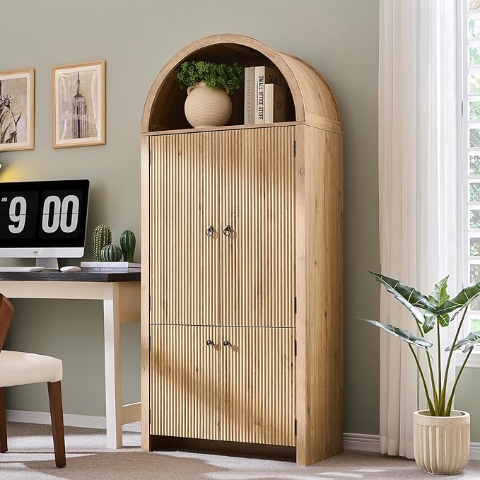 71" Tall Arched Bookcase with Doors, Morden Fluted Bookshelf with Storage & 3 Adjustable Shelves, 6 Door Shelves, Wooden Floor Standing Versatile Cupboard for Home Office, Living Room, Natural