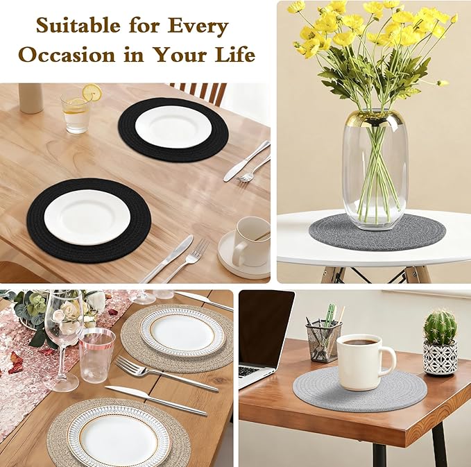 Round Placemats Set of 6 with Holder, Cotton Rope Woven Place Mats, Hot Pads for Kitchen, Heat Resistant Table Mats, 13 Inch Farmhouse Washable Braided Placemat for Kitchen Decor (Dark Gray)