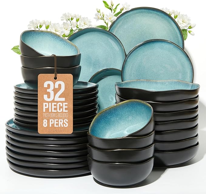 32 Piece Dinnerware Set for 8 with Pasta Bowls, Green Black Reactive Glaze Stoneware | All?멼n?멟ne Host Set for Entertaining, Holiday Meals, Multi?멌ourse Dinners | Unique Irregular Coastal Look