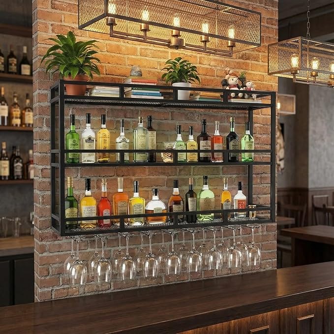 Wall Mounted Wine Racks 3 Tier, Bar Shelves Wall Mounted with Wine Glass Holder, Black Bar Shelves for Liquor Bottles, Wall Bar Cabinet for Home Bar, Kitchen, Dining Room(47 * 9.8 * 35in)
