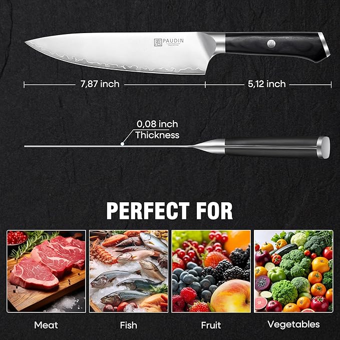 PAUDIN Chef Knife, 8 Inch High Carbon Steel Kitchen Knife, Professional Chefs Knife with Ergonomic Wooden Handle, Ultra Sharp Knife for Meat Vegetable Cutting