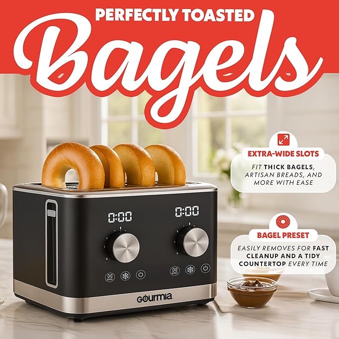 Gourmia 4 Slice Toaster, Double-Sided ??Dual Independent Controls, Bagel, Defrost & Reheat Mode, 6 Browning Levels, Extra Wide Slots, Removable Crumb Tray, Compact Design, Black