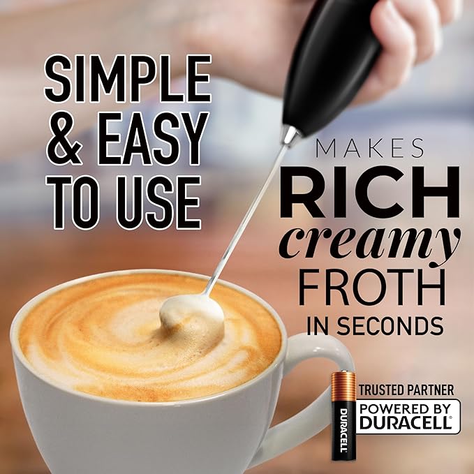 Zulay Kitchen Milk Frother Handheld Electric Whisk with AA Duracell Batteries ??Durable Drink Mixer for Coffee, Lattes, Cappuccinos & More - Metallic Black