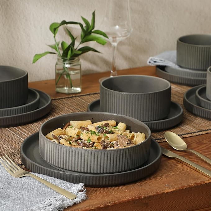 Gibson Elite Deerfield 16-Piece Stoneware Dinnerware Set ??Soft Grey Reactive Glaze, Stackable Plates and Bowls, Service for 4 ??Microwave & Dishwasher Safe