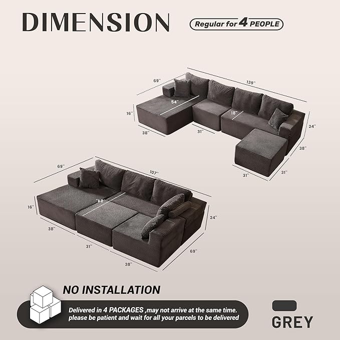 138" Boneless Couch with Deep Seat, Modular Sectional Sofa, Cloud Sectional Couch for Living Room, No Assembly Required, Corduroy, U-Shape 4 Seater Left, Gray