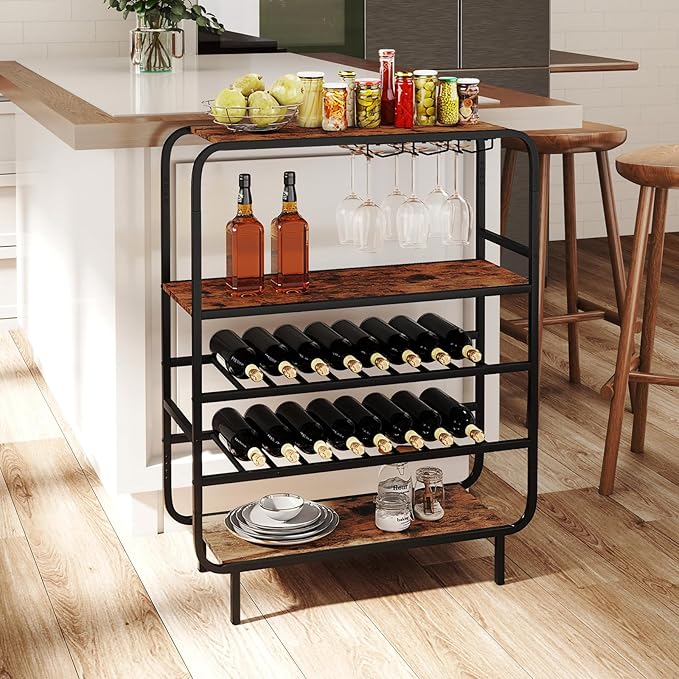 GOFLAME 16 Bottle Wine Rack, Freestanding Floor 5-Tier Wine Display Shelf w/Glass Holders, Metal Frame Industrial Liquor Display Stand with Storage Shelf for Kitchen, Home Bar