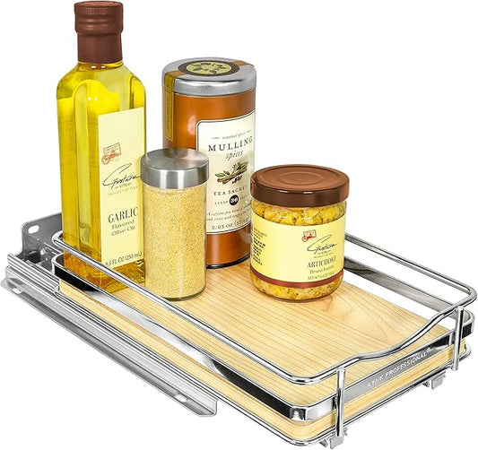 LYNK PROFESSIONAL짰 횋lite??Pull Out Spice Rack Organizer for Inside Kitchen Cabinets - 6-3/8 inch Wide - Slide Out Drawer ??Wood/Chrome Sliding Spice Cabinet Organization Shelf Racks - 1 Tier