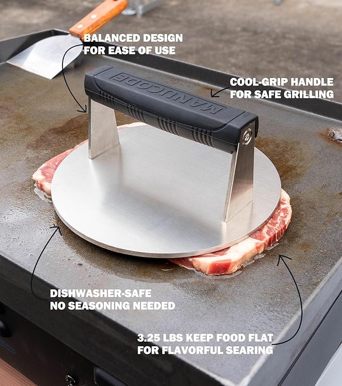 Stainless Steel Burger Smasher 3.25 LB ??8 Inch Steak Weight for Smash Burgers, Bacon, Sandwiches | Dishwasher Safe, Preheatable Protein Press with Silicone Handle | Commercial BBQ Tool