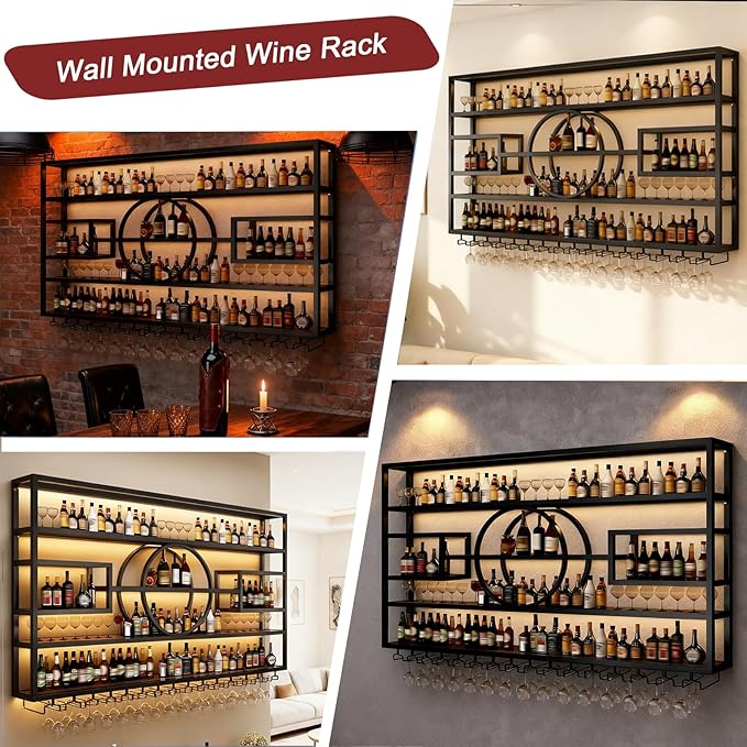 Wall Mounted Wine Rack, Modern Industrial Hanging liquor Bottles Shelves With Wine Glass Holder, Metal Floating Wine Storage Display Shelf, for Bar, Kitchen, Wine Cellar (Black, 120cm/47.2in)