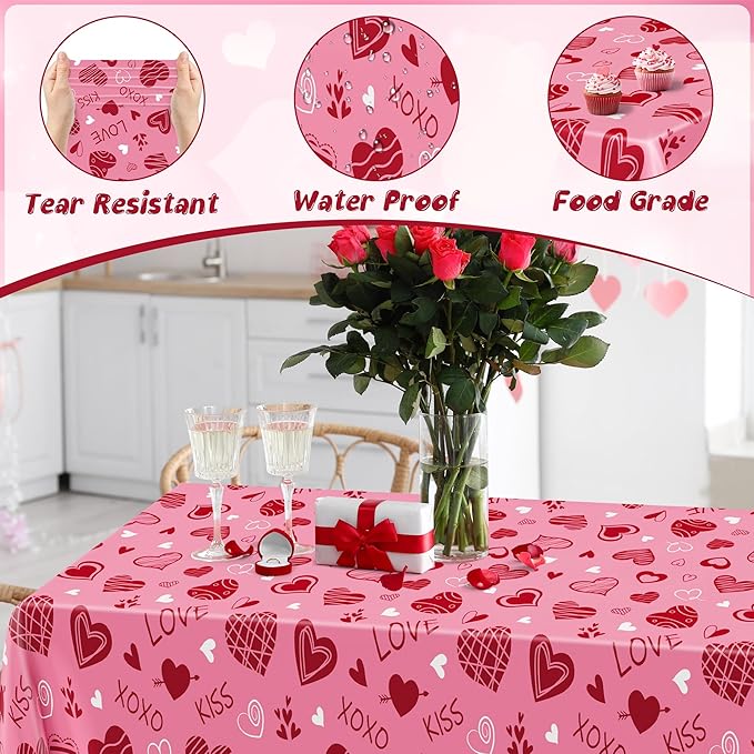 2 Pack Valentines Tablecloth, Disposable Romantic Love Tablecloths, 54" X 108" Plastic Valentines Decorations, Red Pink Galentines Decorations, Heart-shaped Table Cloths for Love Engagement Party