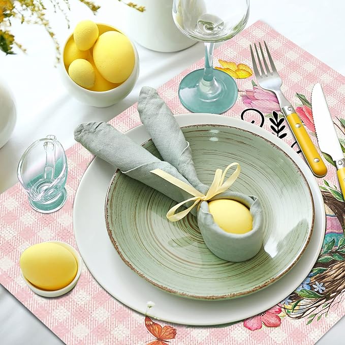 Pinata Easter Placemats Set of 4, Easter Placemats 12x18 Inch for Dining Table, Bunny Rabbit Place Mats, Farmhouse Table Decor, Rustic Table Mats
