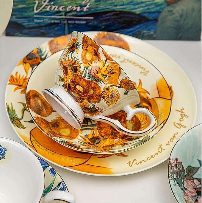 Van Gogh Bone China Set of 4 Cups and Saucers, Coffee Cup and Saucer Set With Gift Box, 7.4-Ounce Art Coffee Mugs Set - Perfect Birthday/Holiday/Wedding Gift