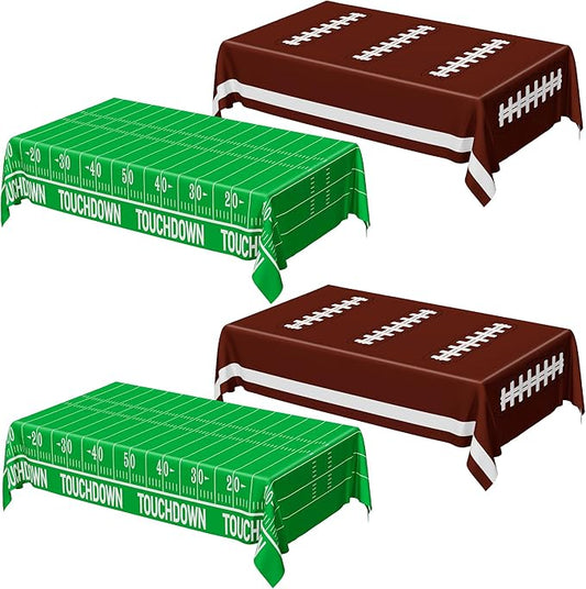 QZYL Football Party Supplies, Disposable Football Tablecloth, 4 PCS Table Cloth with 2 Styles, Touchdown Theme Tablecloths, Plastic Table Runner for Game Day Party Decorations