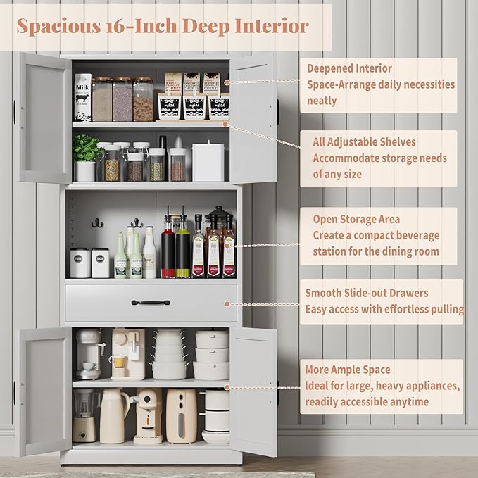 72" Tall White Steel Kitchen Pantry Storage Cabinet with Large Countertop and Adjustable Shelves, Metal Farmhouse Cabinets for Living Room, Bathroom, Heavy Duty Rustic Pantry