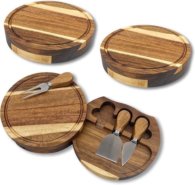 Garvee 3 Pack Mini Charcuterie Boards 7.7" Round Wood Cheese Board Set with Knife & Fork, Thank You Gift Box for Guest Bridal, Baby Shower - Acacia Wood