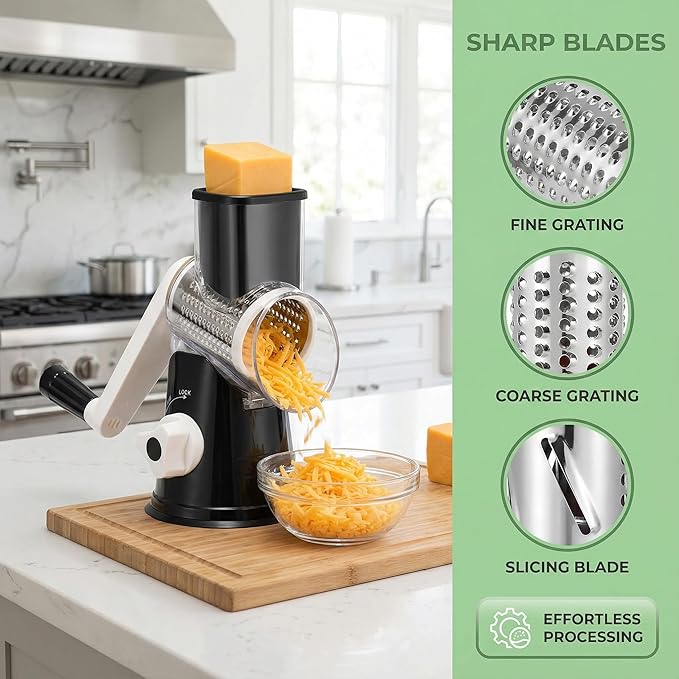 Manual Multi-Function Vegetable Slicer & Grater ??Interchangeable Blades for Shredding, Slicing, Shaving (Vegetables, Cheese, Nuts) (1, Black)