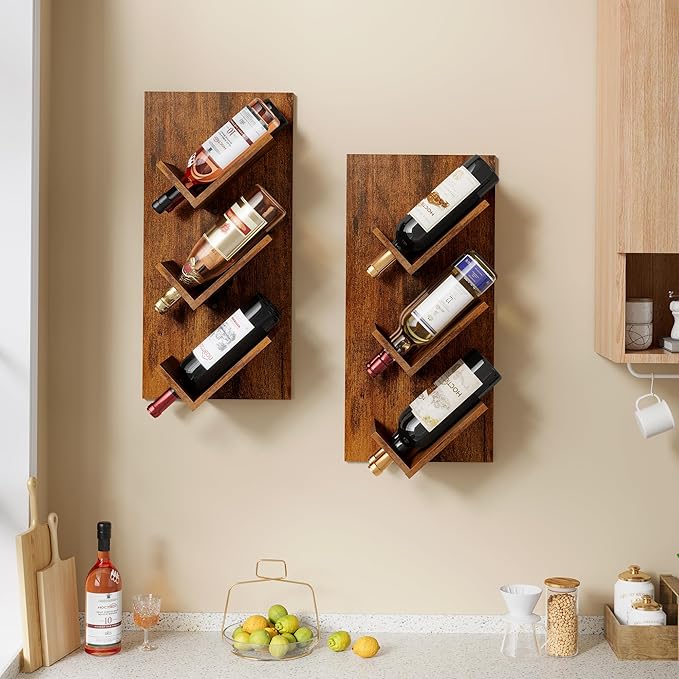 Hoctieon Wine Rack Wall Mounted, 6 Bottles Hanging Wine Racks Bar Shelves for Display & Storage, Rustic Wood Wine Bottle Holder for Home Bar, Kitchen, Dining Room, Rustic Brown