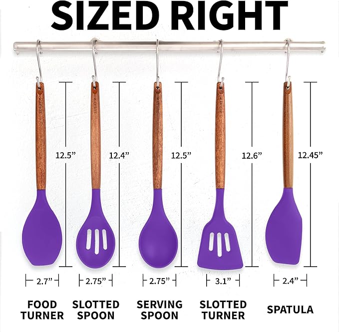 Zulay Kitchen Non-Stick Cooking Utensils Set with Authentic Acacia Wood Handles ??5-Piece Durable & Stylish Silicone Kitchen Utensils Set ??Heat Resistant to 464째F ??Purple